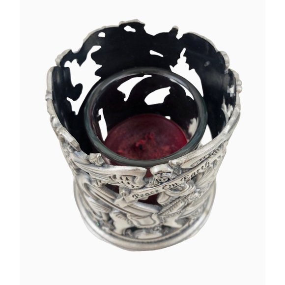 Vintage Peace On Earth Candle Votive Holder Pewter Christmas Holiday Santa - Picture 9 of 10